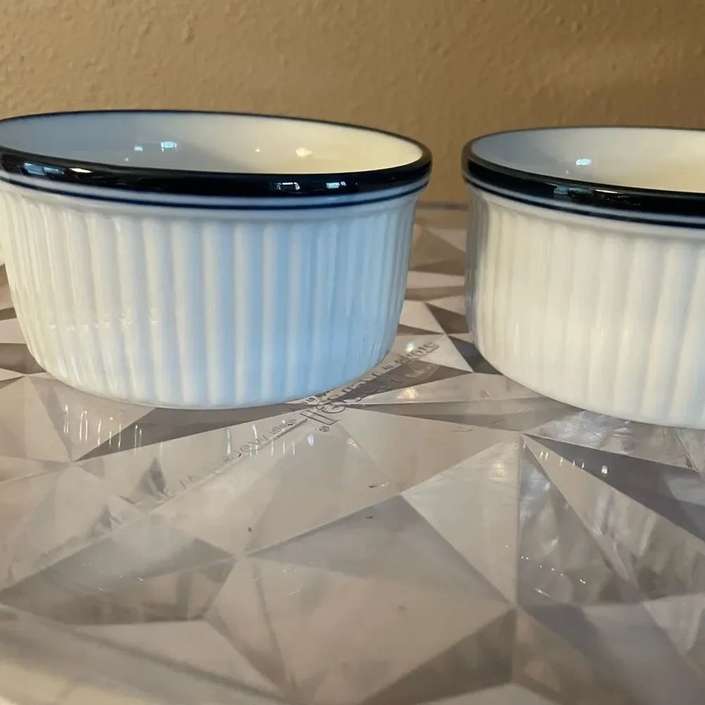 Dansk White Blue Rimmed Ribbed Bistro 4 inch Serving Bowls x 2 Portugal